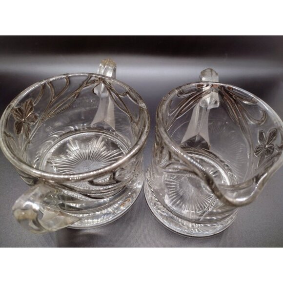Indiana Glass Co EAPG Antique Open Creamer Sugar Set Clear Silver Floral - Picture 7 of 8